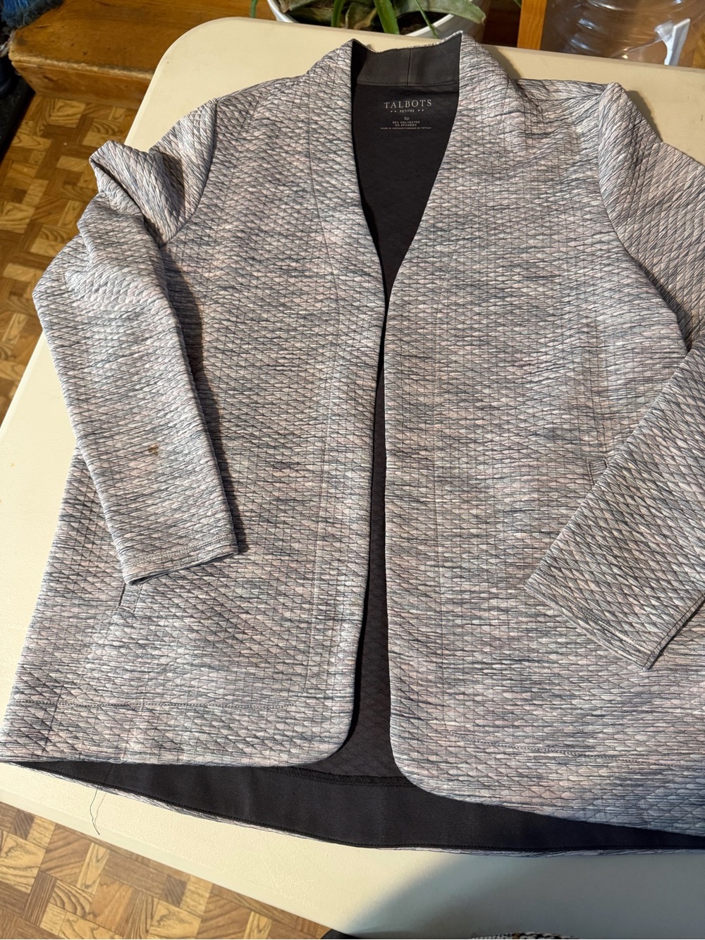 Talbots Quilted Open-Front Blazer in Heather Gray and Black Trim